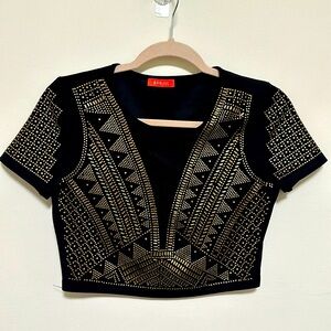 BANJUL Sequin black/gold Crop Top scoop neck  short sleeve size L